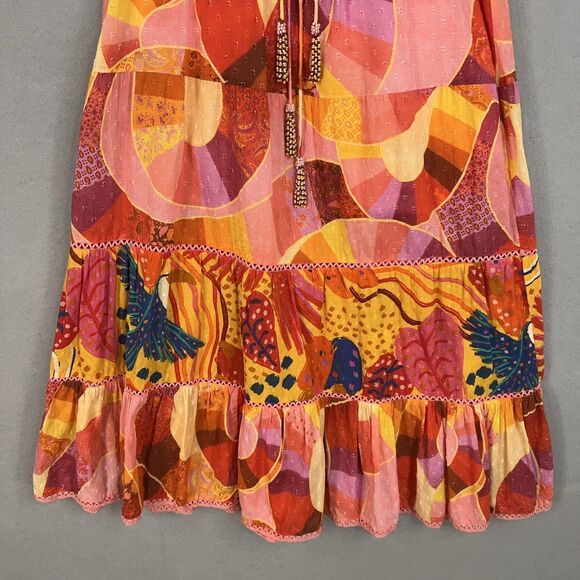 Farm Rio Dress Womens Large Red Orange Patchwork Twirl Boho Ruffle Peasant Loud - Picture 4 of 16